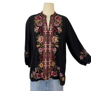 Johnny Was Workshop Silk Nepal Embroidered Peasant Blouse Top Black Floral | M